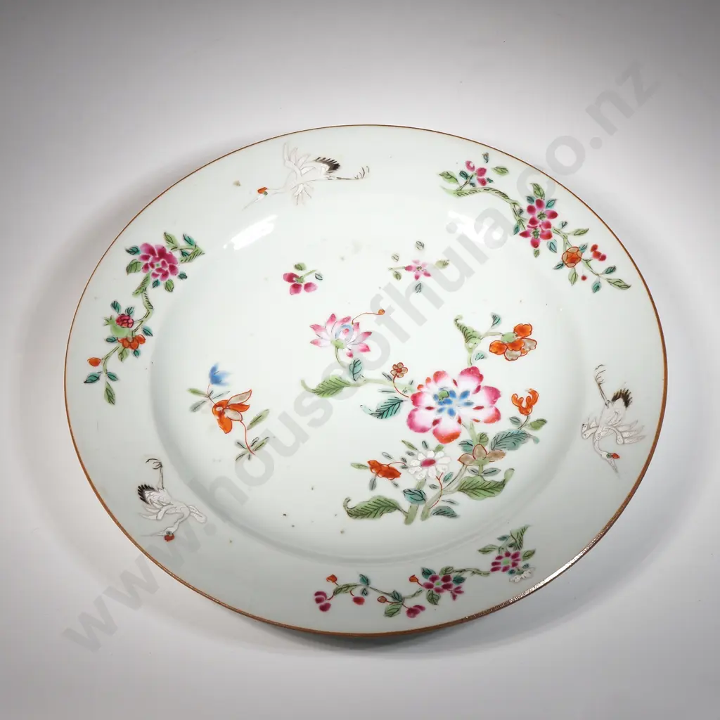 Chinese Famille Rose  Porcelain Plate With Pink Overglaze Enamel. Decorated with Floral Glaze & Cranes Image 1++