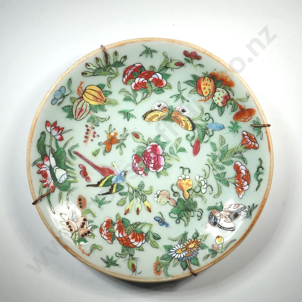 Antique Chinese Porcelain Famille Rose Celadon Floral Bird Butterfly Plate Image 1++
