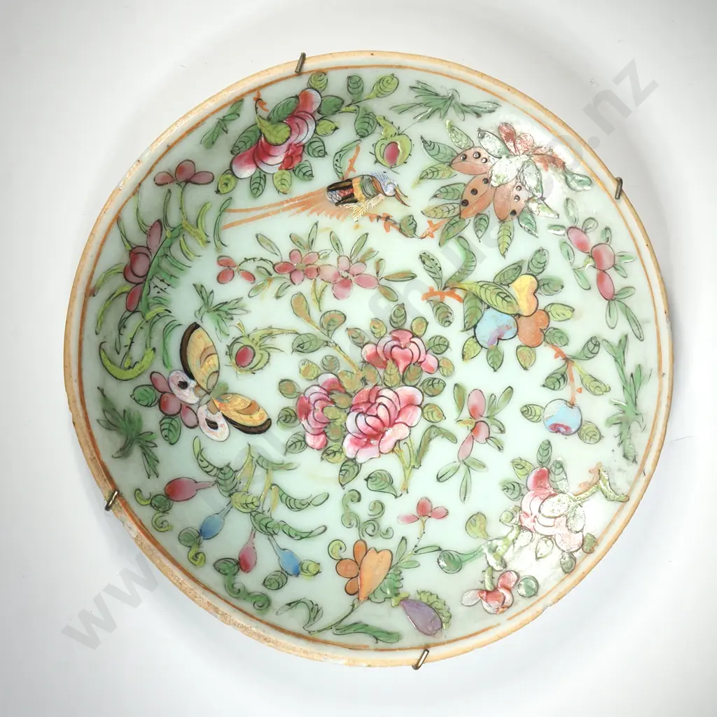 Antique Chinese Porcelain Famille Rose Celadon Floral Bird Butterfly Plate Image 1++