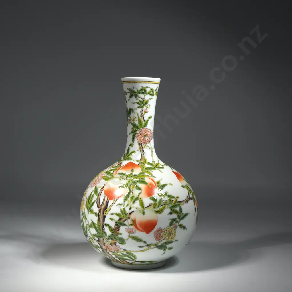Chinese Famille Rose Porcelain Vase With A Nine Peach Design Symbolising Longevity. Period Mark to Base Image 1++