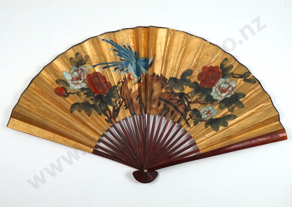 Large Chinese  Fan Gold Ground  Decorated With Peonies & Birds Image 1++