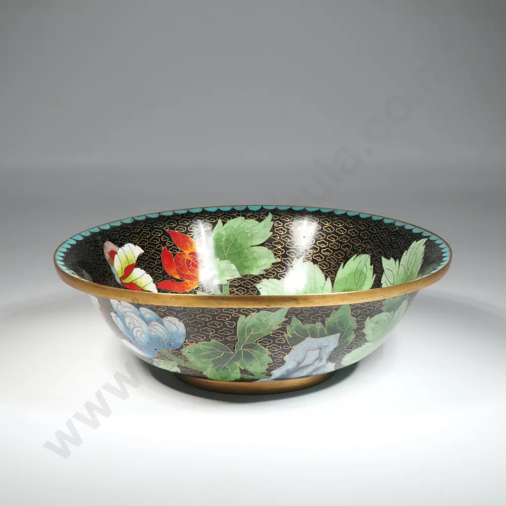 Vintage Cloisonne Black Ground Bowl With Floral Decoration On A Carved Stand Image 1++