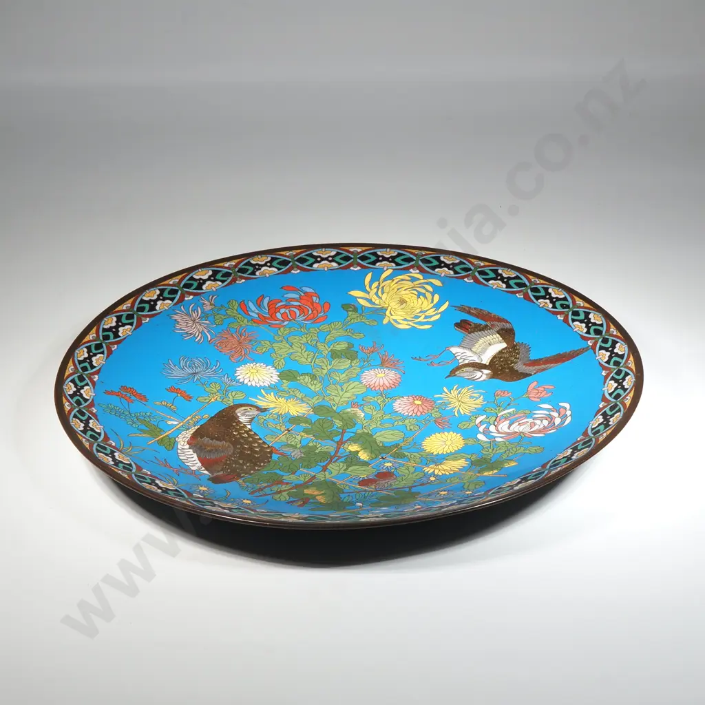 Meiji Period Cloisonne Wall Plate Decorated With Quail  Amongst Flowering  Branches  Image 1++
