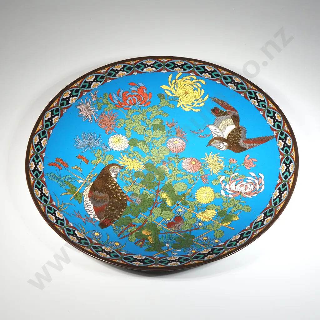 Meiji Period Cloisonne Wall Plate Decorated With Quail  Amongst Flowering  Branches  Image 1++