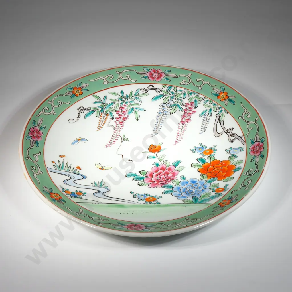 Chinese Porcelain Charger Featuring A Hand Painted Floral Design "Famille Rose" Style & Light Green Border  Image 1++