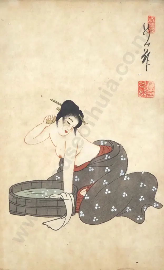 Vintage Japanese Woodblock Print Depicting A Geisha Bathing. In The Style Of Utagawa Toyokuni Image 1++