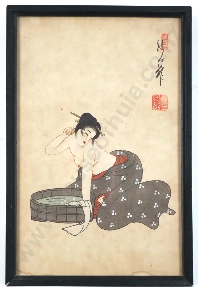 Vintage Japanese Woodblock Print Depicting A Geisha Bathing. In The Style Of Utagawa Toyokuni Image 1++