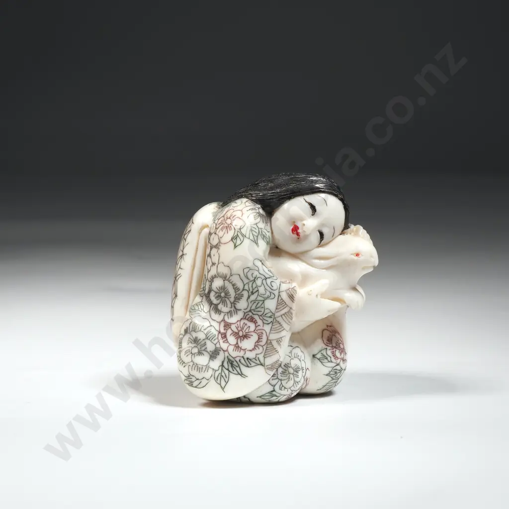 Ivory Figural Okimono  Depicting A Young Woman With Rabbit.  Image 1++