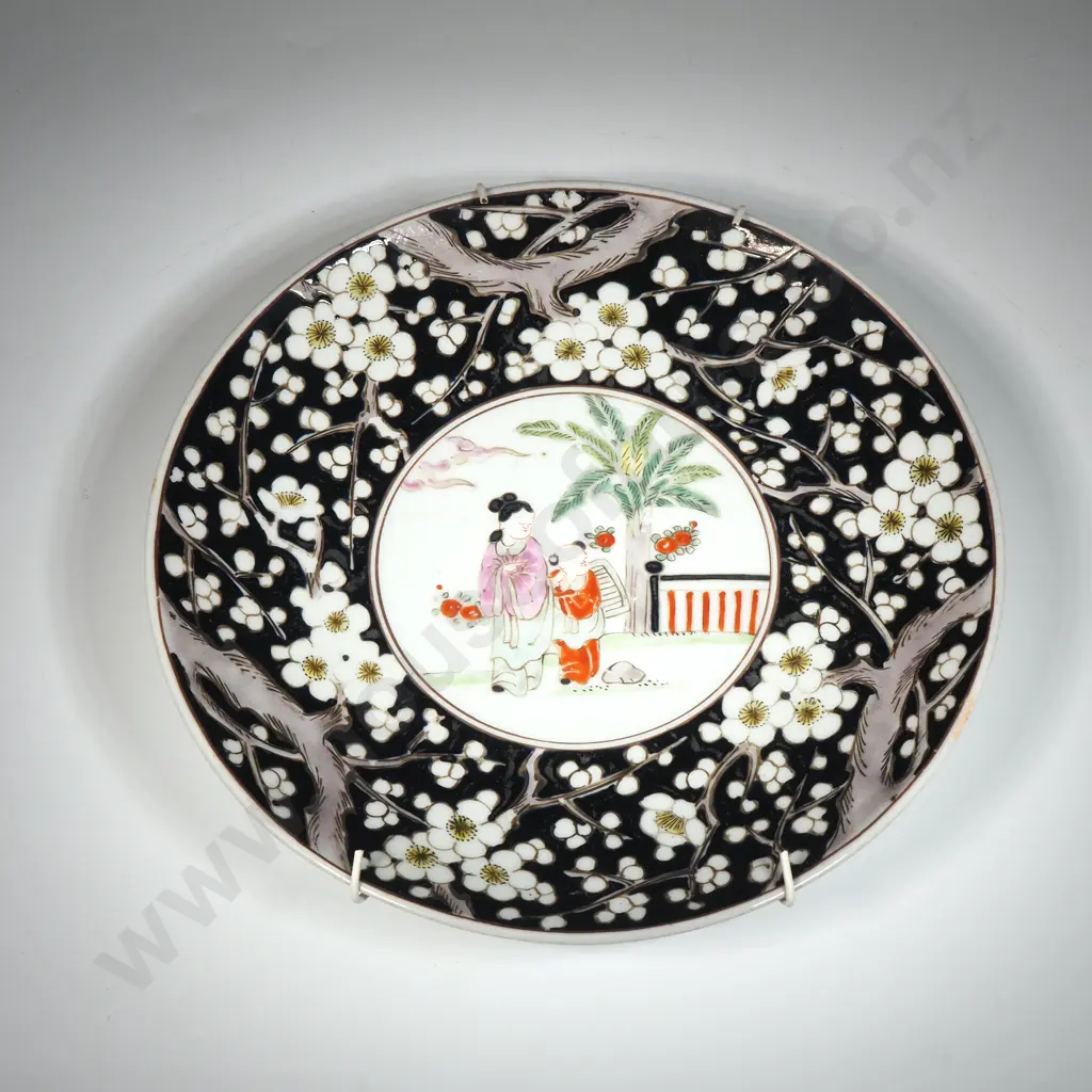 Chinese Enamel Hand Painted Plate w Black Border Decorated with Apple Blossom & A Central Cartouche Featuring Children Image 1++