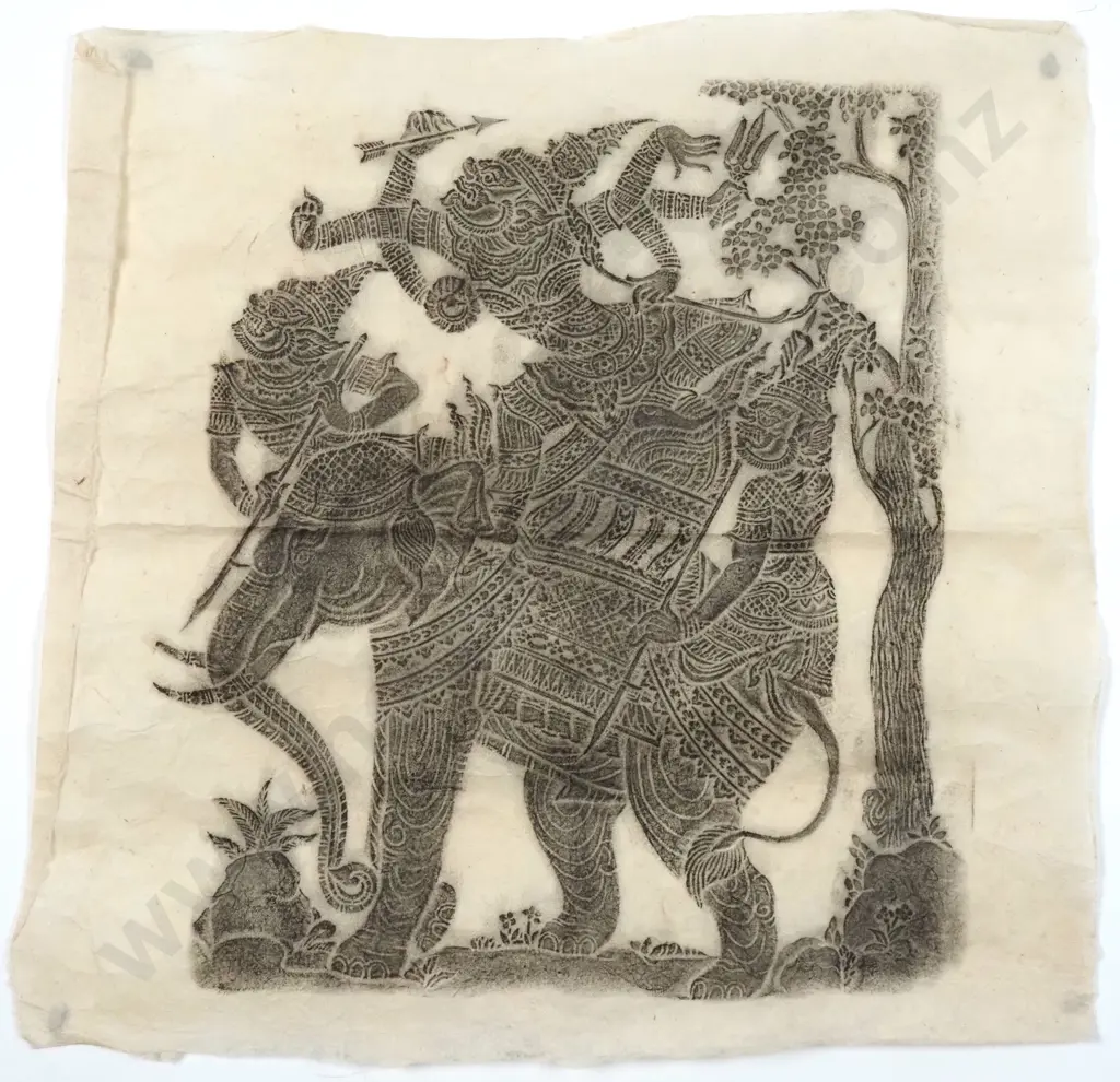 Pair Of Thai Temple Rubbings On Handmade Paper Depicting Thai Dancers & Warriors On An Elephant  Image 1++