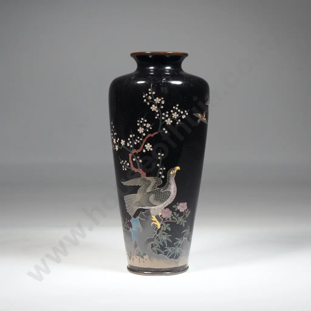 Japanese Meiji Period Vase Decorated With Birds & Flowers On A Dark Blue Ground  Image 1++