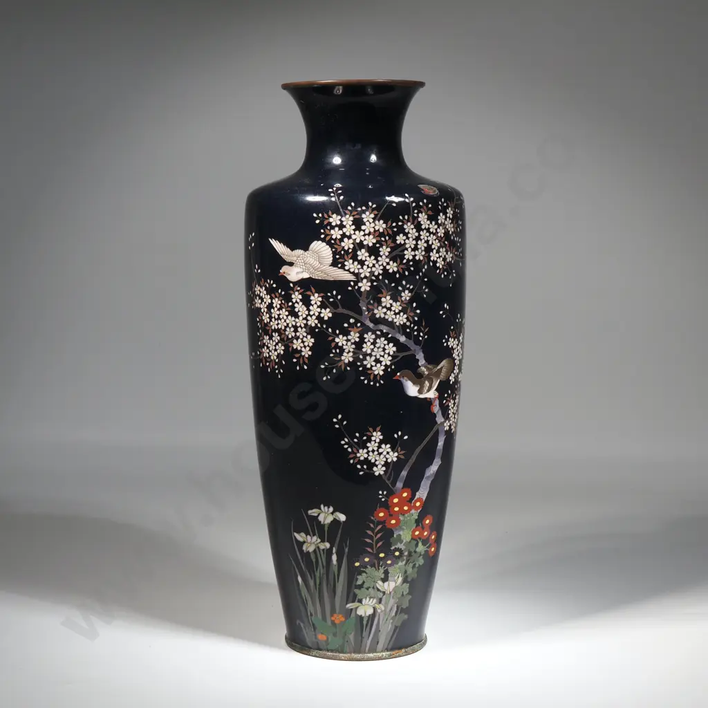 Fine Cloisonne Meiji Period Vase Featuring Floral & Bird Motifs Against A Black Ground. Late 19th Century Japanese. A/F Image 1++