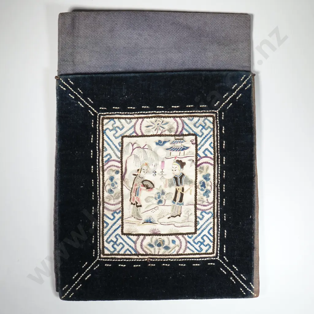 Late 19th Forbidden Stitch (or Peking Stitch) Embroidered Velvet & Silk Waist Pouch/Pocket w Two Figures In A Landscape Image 1++