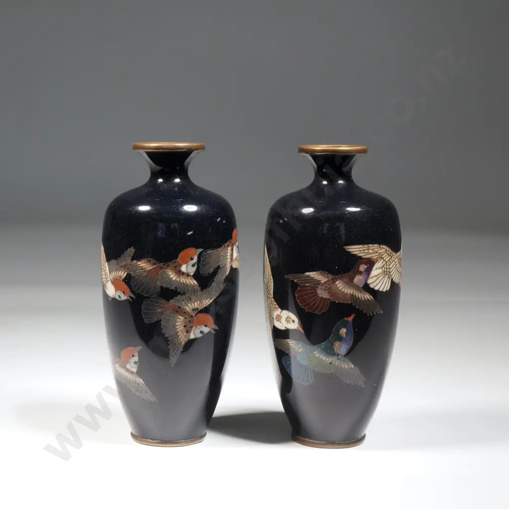 Pair Of Small Meiji Period Wireless  Cloisonne Vases  Image 1++
