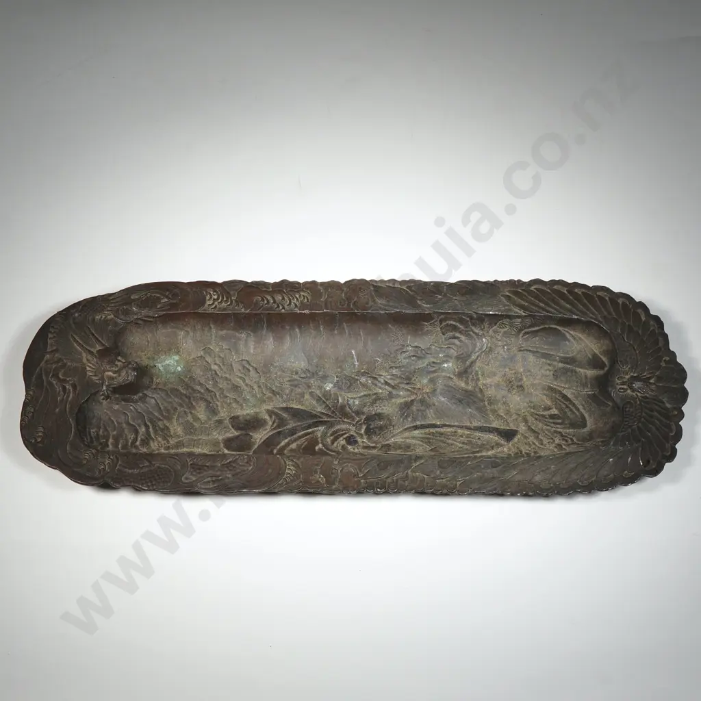 Oriental Pewter Pen Tray With Embossed Chinese Motifs  Image 1++
