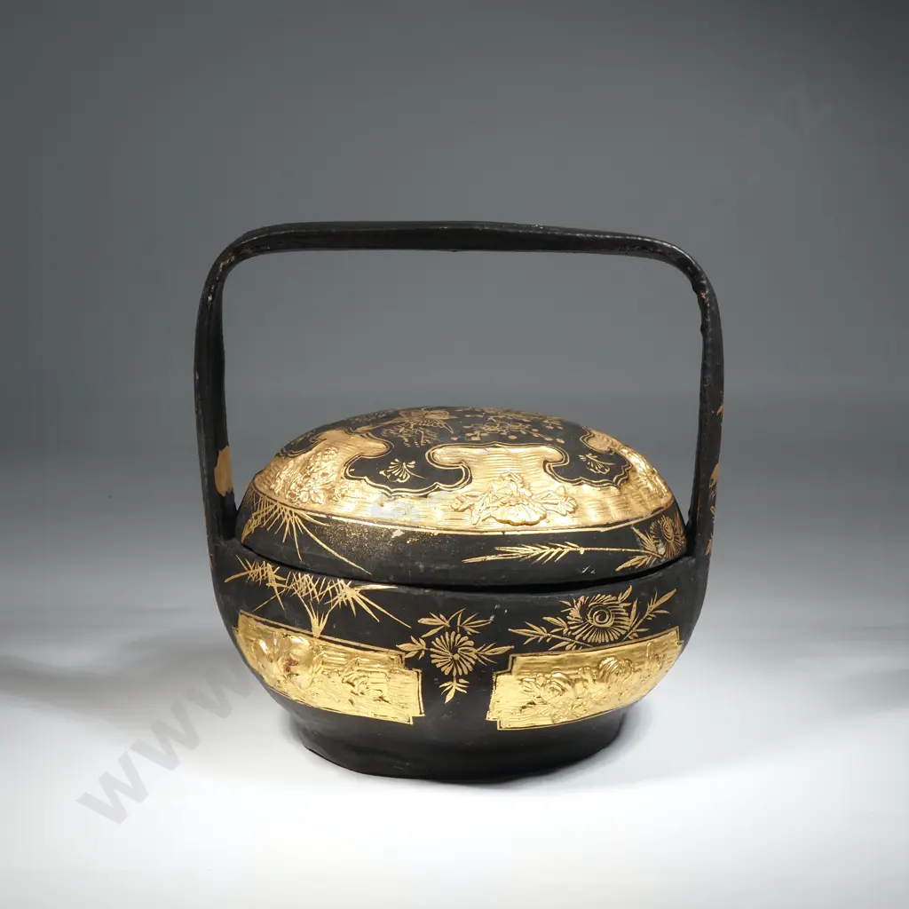 Vintage Chinese Lacquered Box With Gilt Decoration Known as A Wedding Basket Or A Betrothal Basket Image 1++