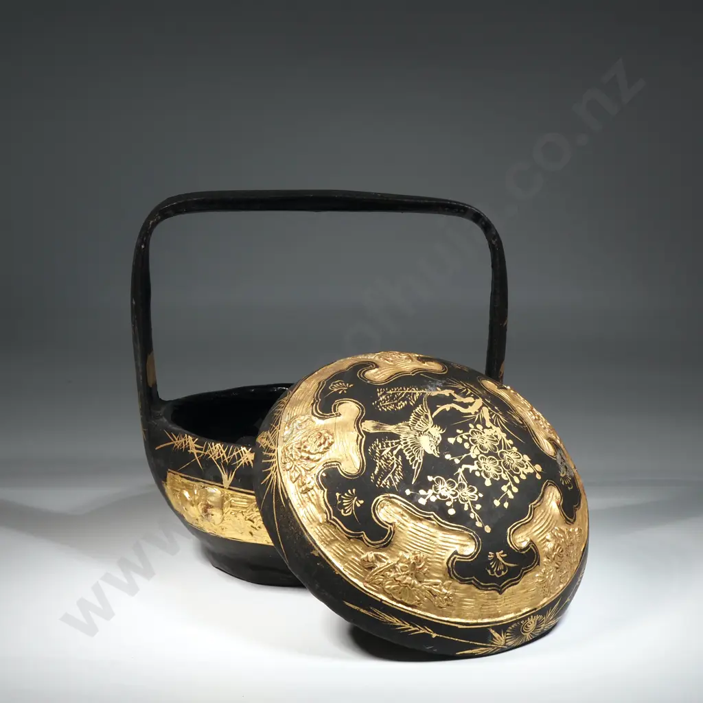 Vintage Chinese Lacquered Box With Gilt Decoration Known as A Wedding Basket Or A Betrothal Basket Image 1++