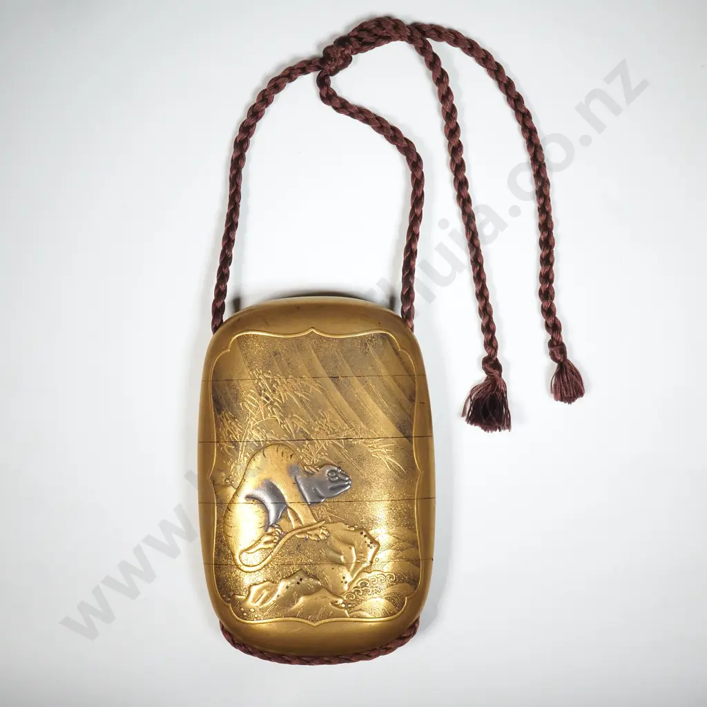 An Inlaid Lcquer Gold Four Case Inro Of Lenticular Form , The Kinji Ground Finely Decorated In Gold  Featuring a Dragon Image 1++