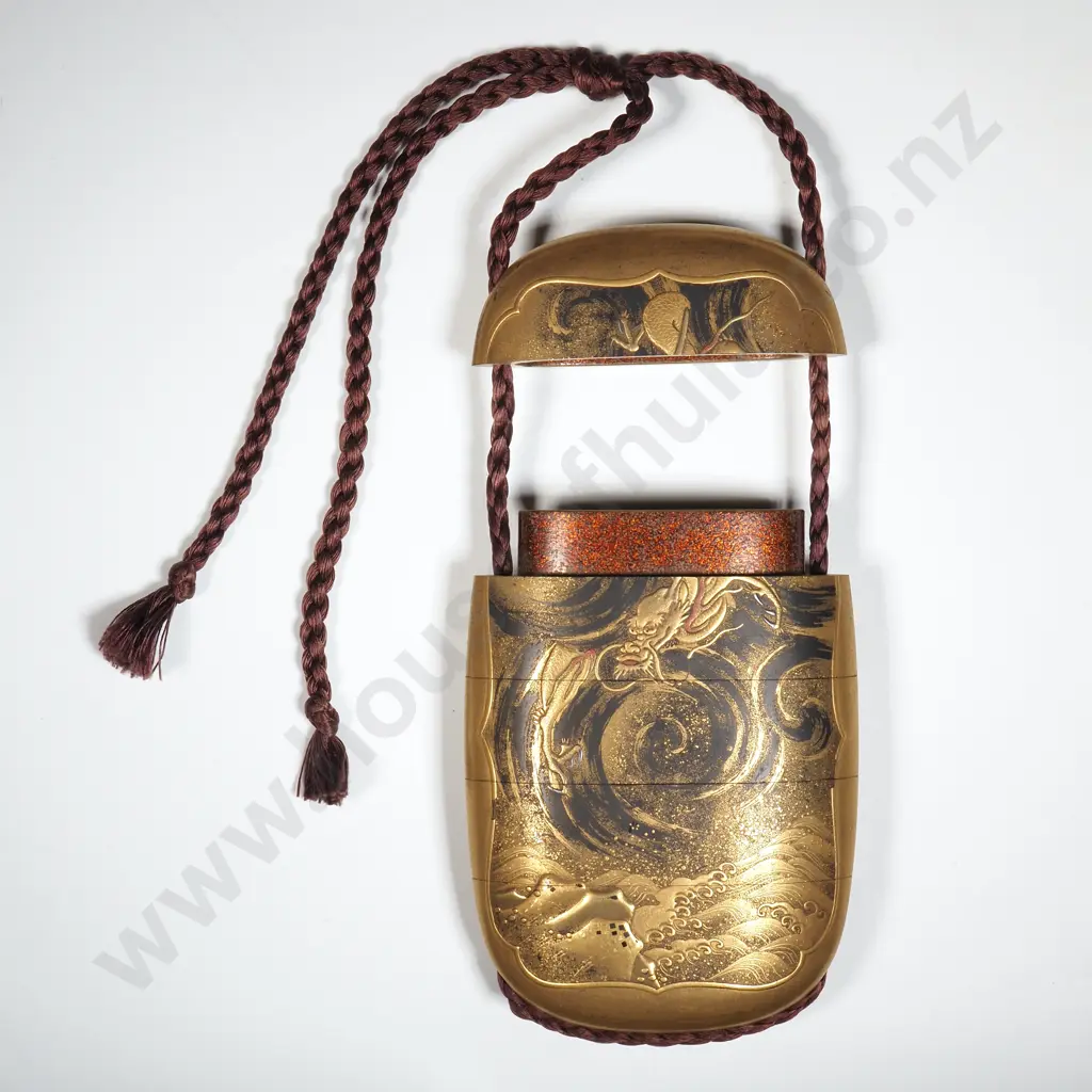 An Inlaid Lcquer Gold Four Case Inro Of Lenticular Form , The Kinji Ground Finely Decorated In Gold  Featuring a Dragon Image 1++