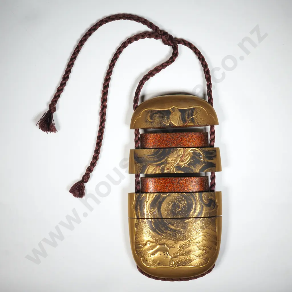 An Inlaid Lcquer Gold Four Case Inro Of Lenticular Form , The Kinji Ground Finely Decorated In Gold  Featuring a Dragon Image 1++