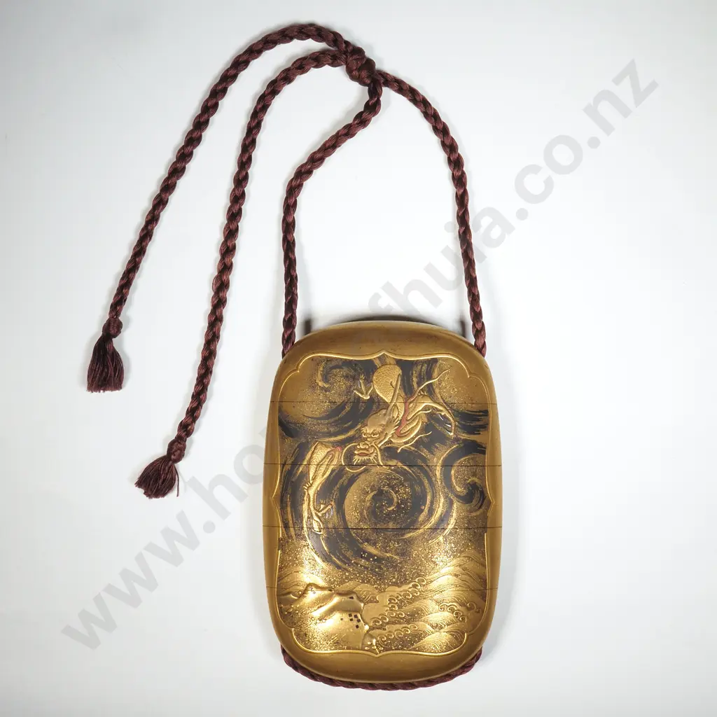 An Inlaid Lcquer Gold Four Case Inro Of Lenticular Form , The Kinji Ground Finely Decorated In Gold  Featuring a Dragon Image 1++