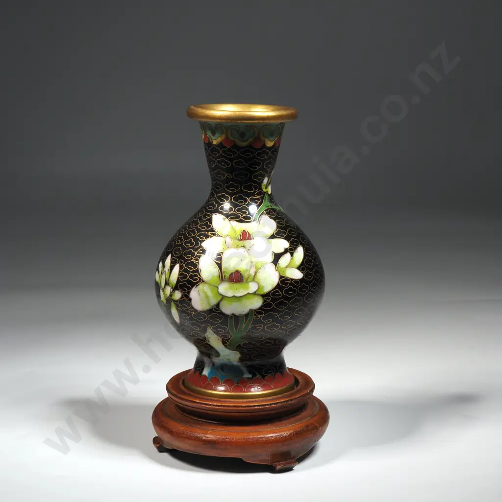 Chinese Cloisonne Vase. Black Ground with White Flowers On a Turned Wooden Base Image 1++