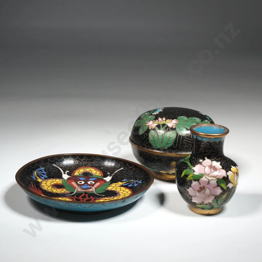 Three Vintage Cloisonne Black  Ground Items - Circular Lidded Box, Small Dish & Vase Image 1++