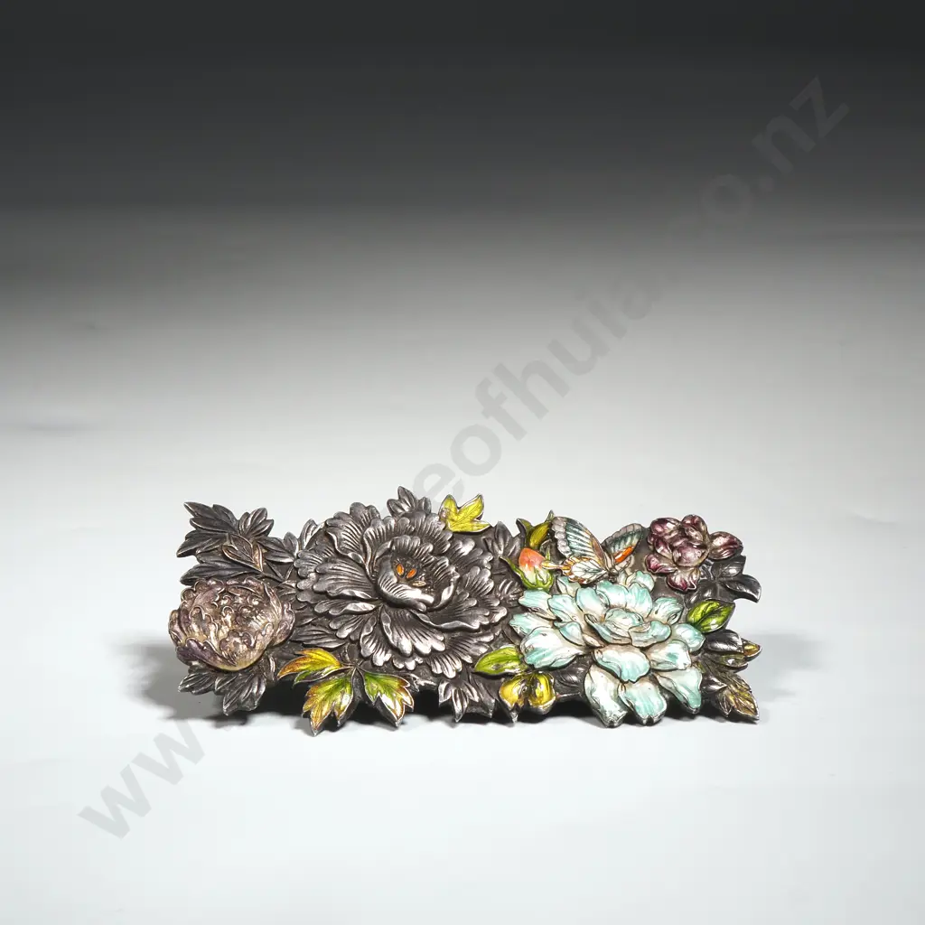 Ornate Chinese Export Sterling SIlver & Enamel Brooch Image 1++