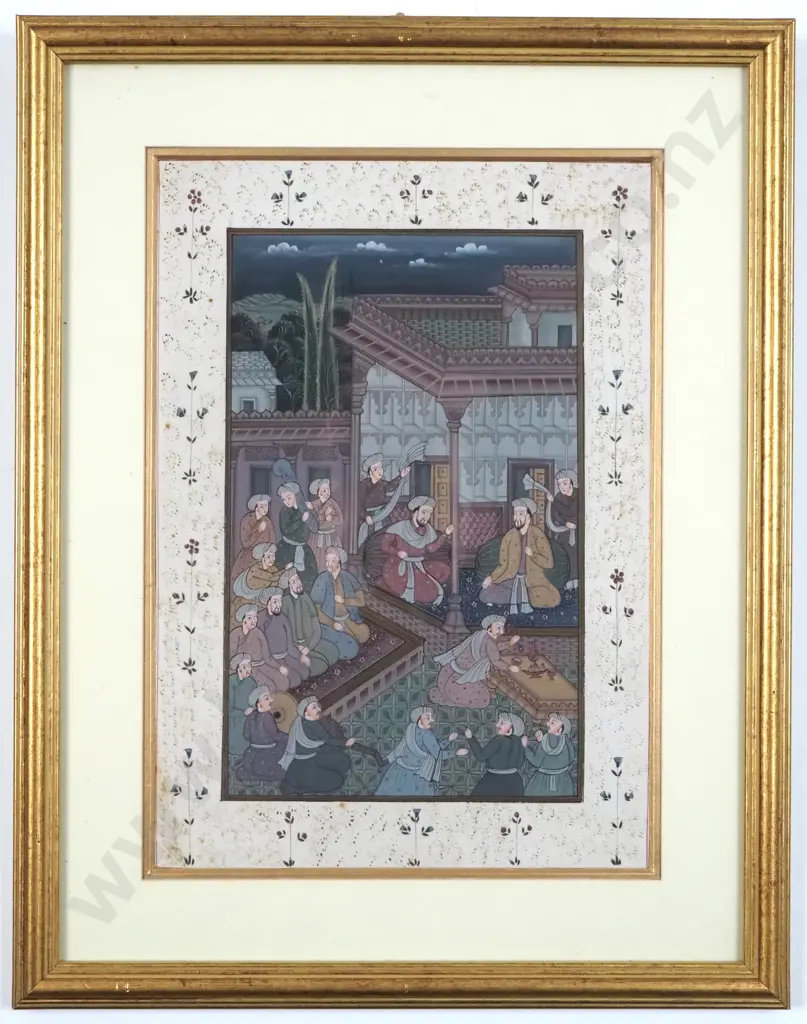 Framed Mughal Miniature Depicting A Scene With Multiple Figures In A Court Or Indoor Setting Image 1++