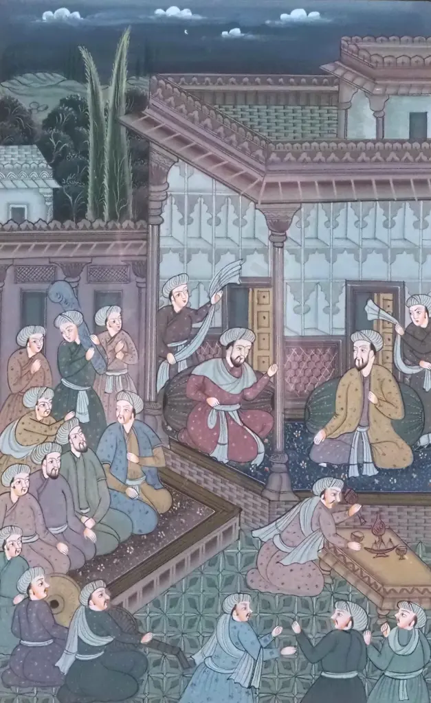 Framed Mughal Miniature Depicting A Scene With Multiple Figures In A Court Or Indoor Setting Image 1++