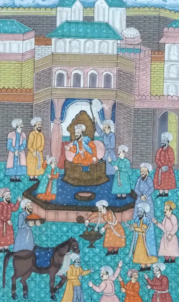Framed Mughal Miniature Depicting A Court Scene Or A Historical Event.  Image 1++