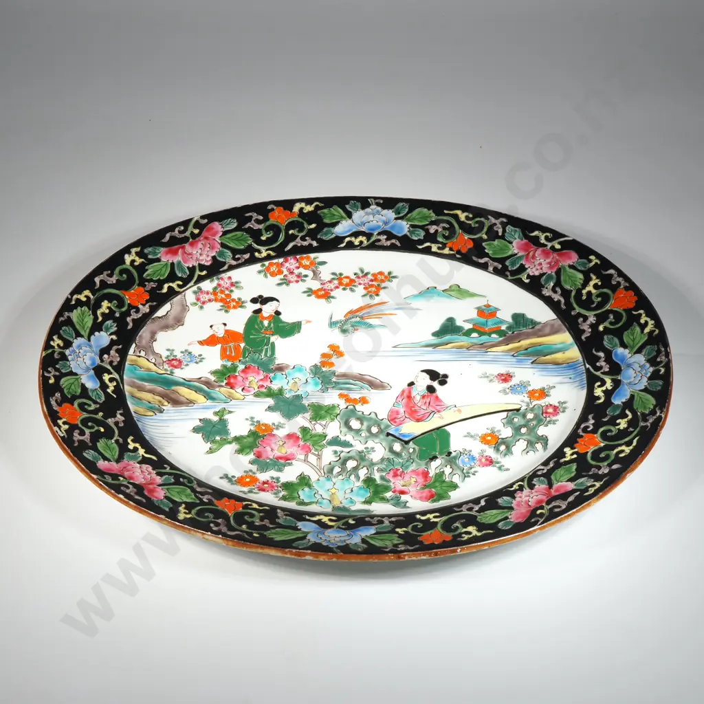 Antique Oriental Ashet. Crisp White Ground With Bright Palette & Decorated With Central Scene With Figures In Landscape Image 1++