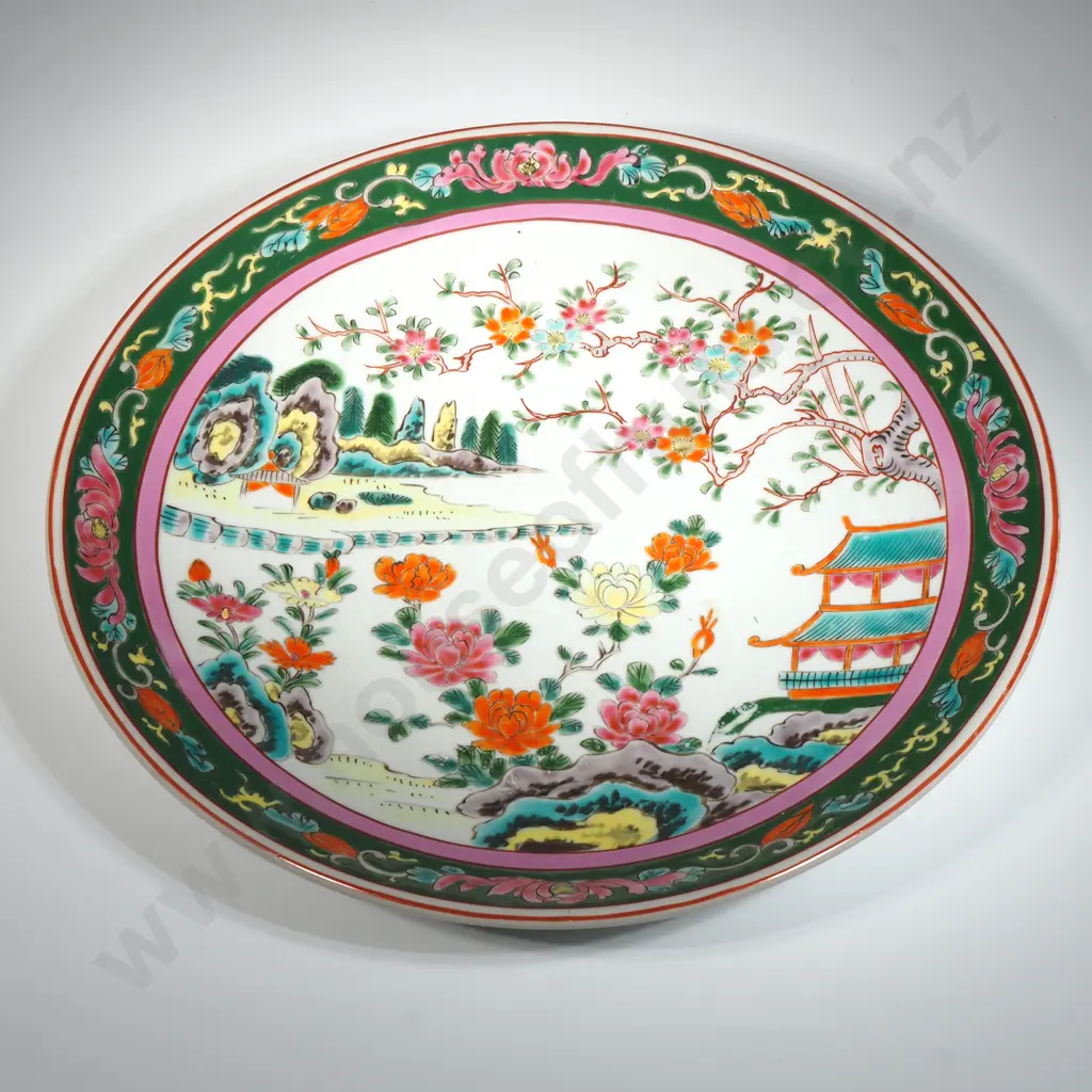 Japanese Ceramic Charger. Circa 1900. Crisp White Ground Bordered With A Green Rim & Interior Depicts A Tree In Blossom Image 1++