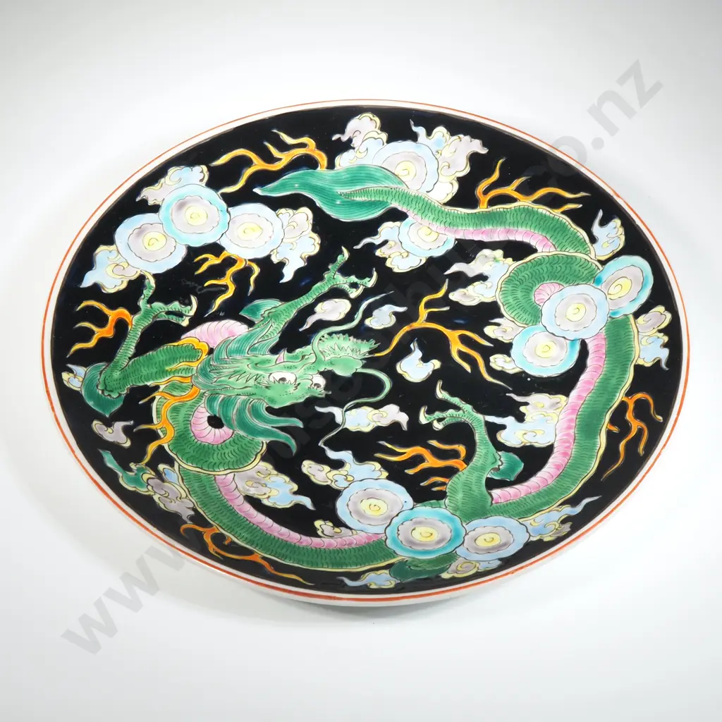 Chinese Enamel Plate Featuring A Dragon Pattern On A Black Background  Image 1++