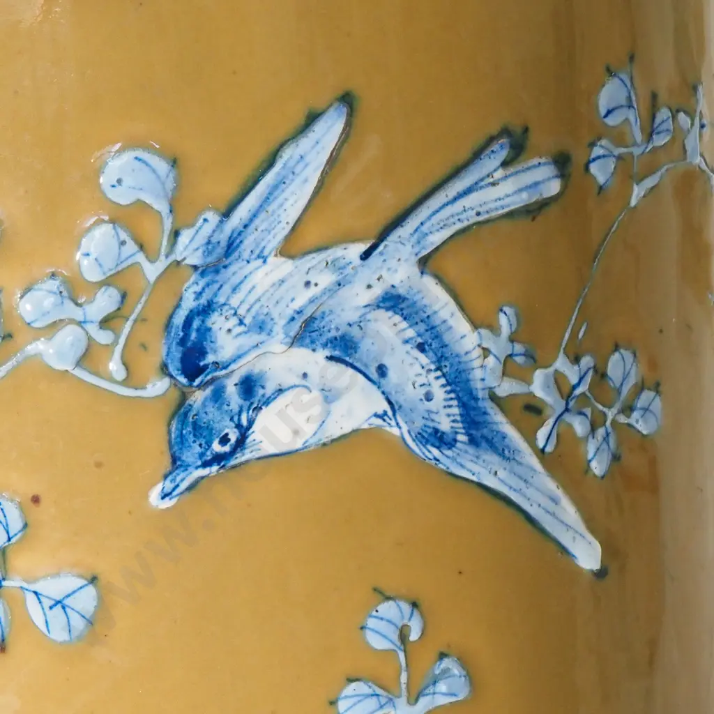 Japanese Large Cylindrical Ceramic Umbrella Stand With A Yellow/Olive Green Glaze With Blue & White Floral & Bird Motifs Image 1++