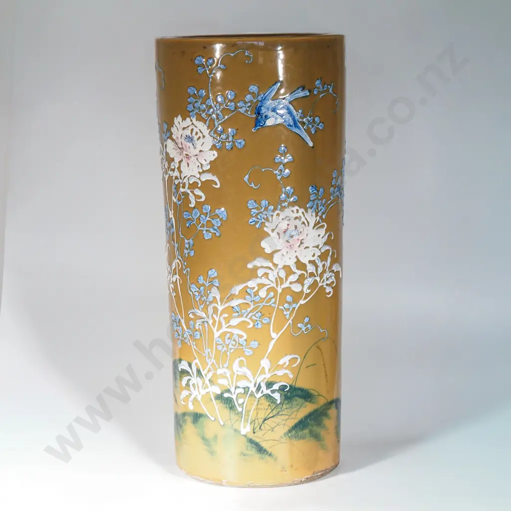 Japanese Large Cylindrical Ceramic Umbrella Stand With A Yellow/Olive Green Glaze With Blue & White Floral & Bird Motifs Image 1++