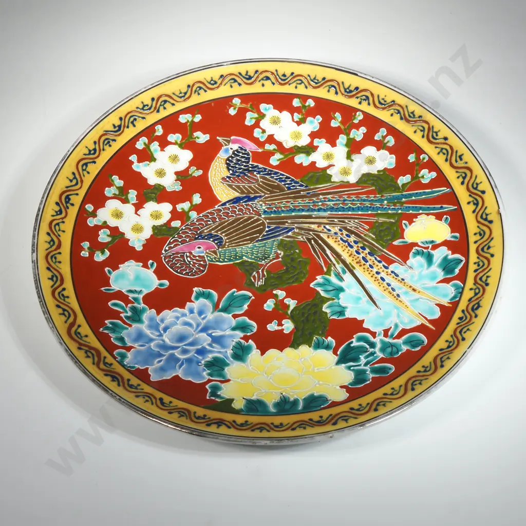 20th Century  Enamel Charger Decorated With Flowers & Birds  Image 1++
