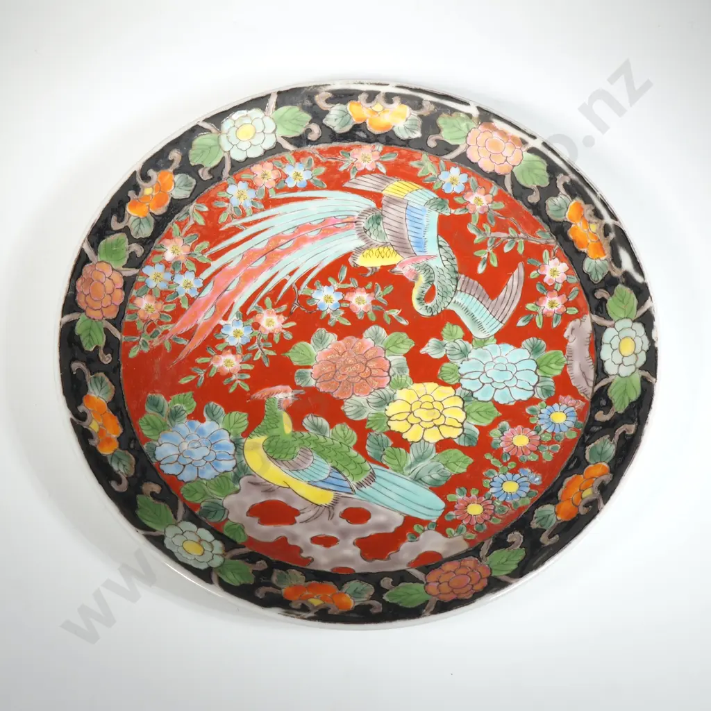 Vintage 1930s Japanese Enamel Plate with Orange Background & Black Rim With Central Image Depicting Birds & Flowers Image 1++