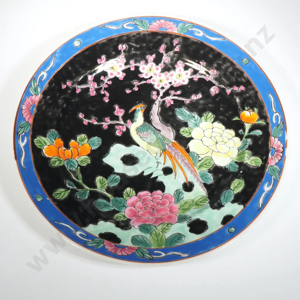 Japanese Famille Noir Wall Plate With Black Ground & Blue Border. The Plate Decorated with A Bird  & Chrysanthemums. Image 1++