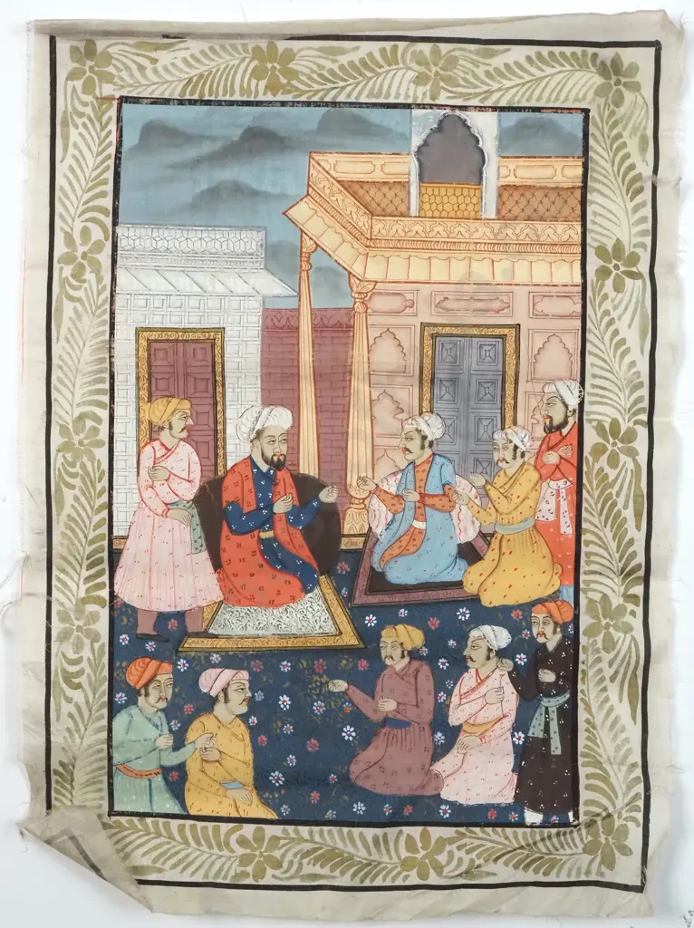 Mughal Painting On Silk Depicting A Mughal Court. Hand Painted In Meticulous Detail. Not Framed Image 1++