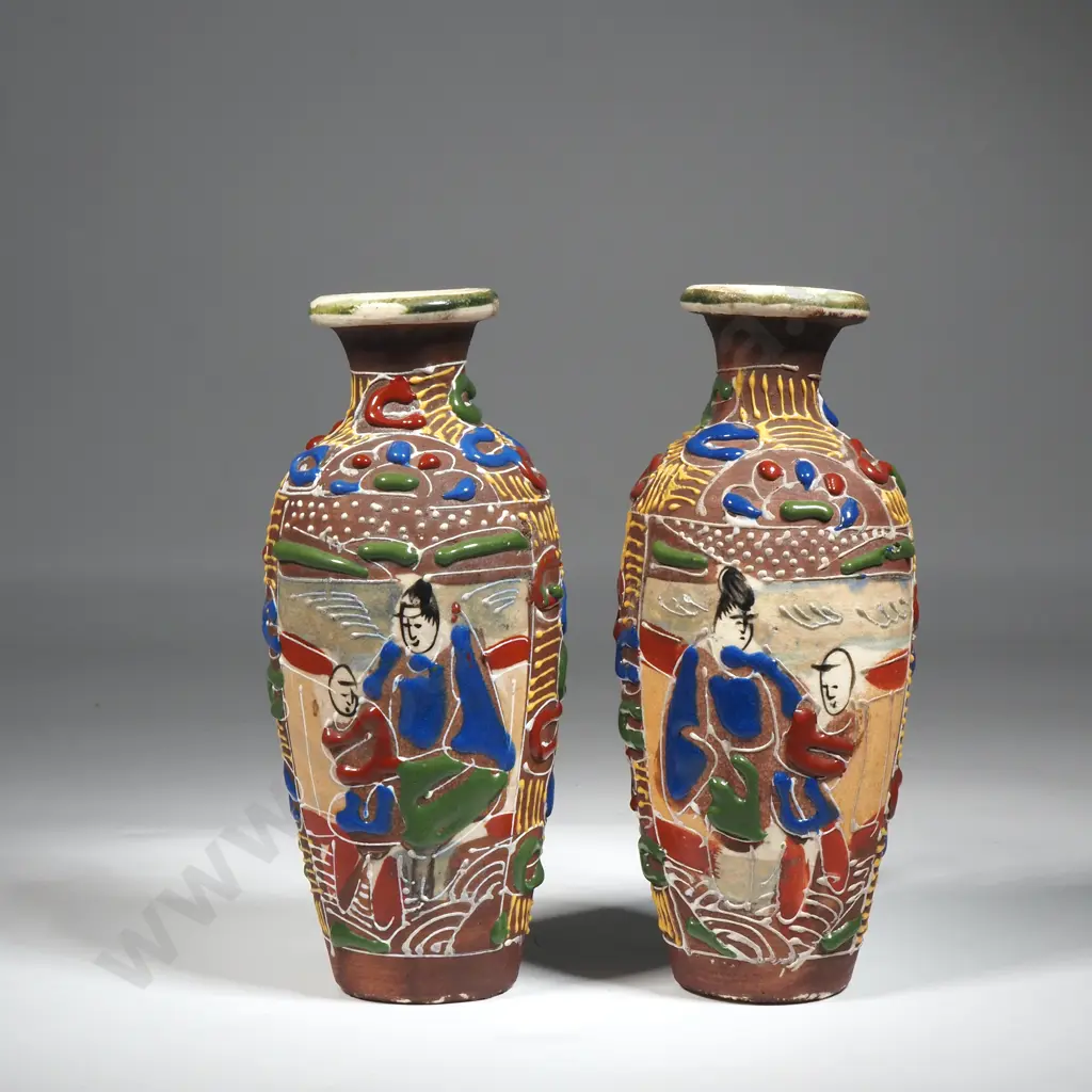 Pair Of Small Satsuma Moriage Style Vases with Raised Decoration & Enamel. Image 1++