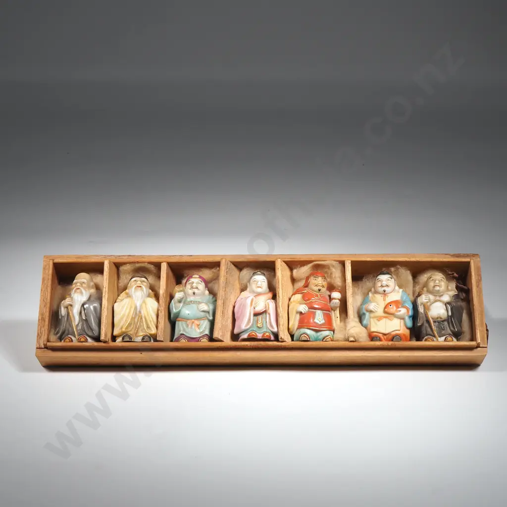 Vintage Japanese Boxed Toshikane Art Porcelain Set Of Seven Salt & Pepperettes Modelled As Immortals. Image 1++