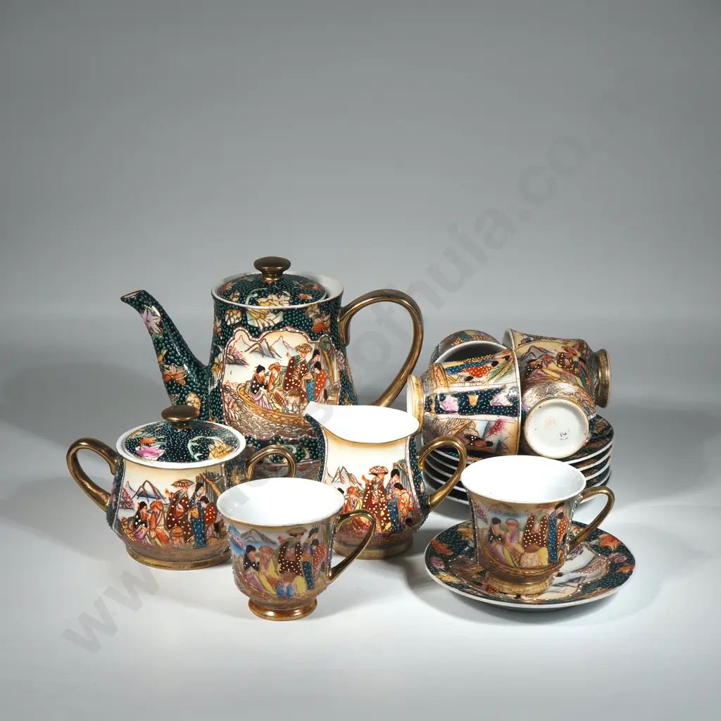 Japanese Satsuma Tea Set Comprising Teapot, Jug & Creamer & Six Cups, Saucers & Plates Featuring An Oriental Scene Image 1++
