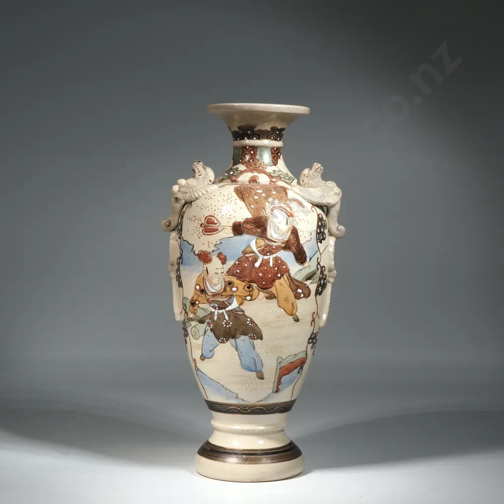 Vintage Satsuma Ware Vase with Hand Painted Floral Designs On an Ivory Coloured Crackle Glaze & Dragon Handles On Stand Image 1++