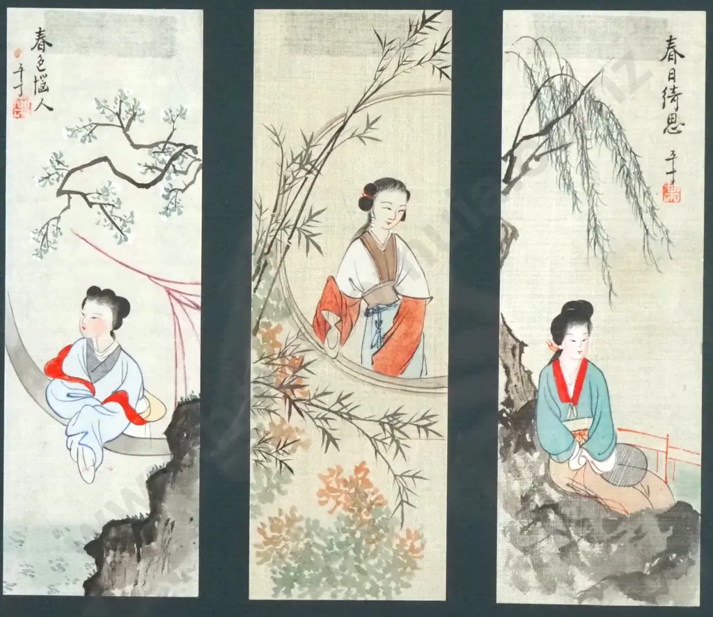 A Framed Antique Watercolours - Three Silk Paintings of Chinese Women. Image 1++