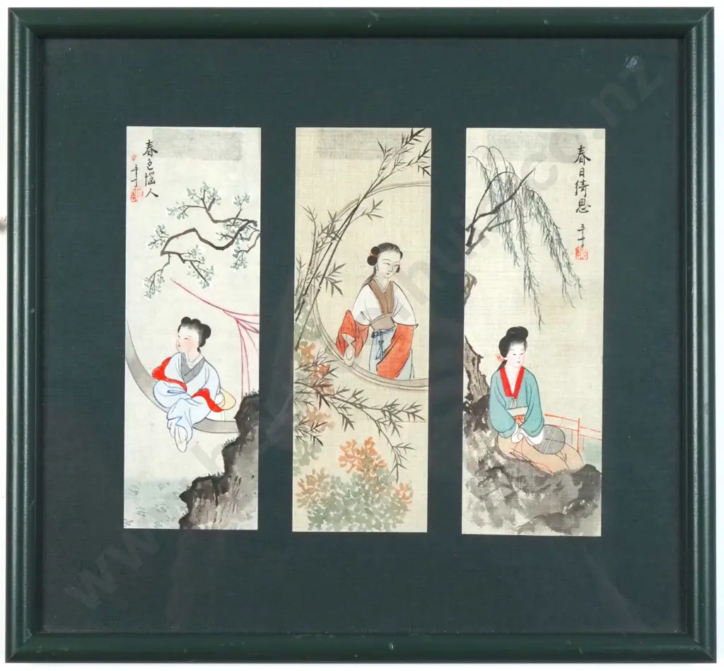 A Framed Antique Watercolours - Three Silk Paintings of Chinese Women. Image 1++