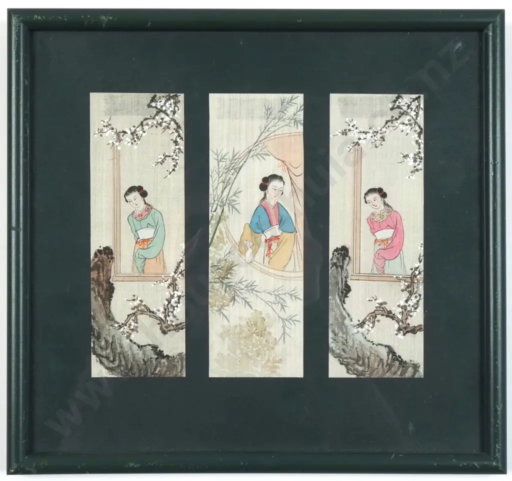 A Framed Antique Watercolour - Three Silk Paintings of Chinese Women. Image 1++