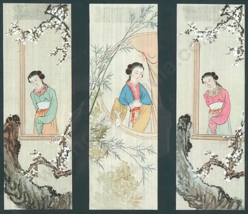 A Framed Antique Watercolour - Three Silk Paintings of Chinese Women. Image 1++