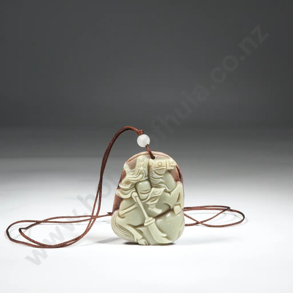 Green Jade Pendant With A Figure On A Horseback On A Fine Cord  Image 1++