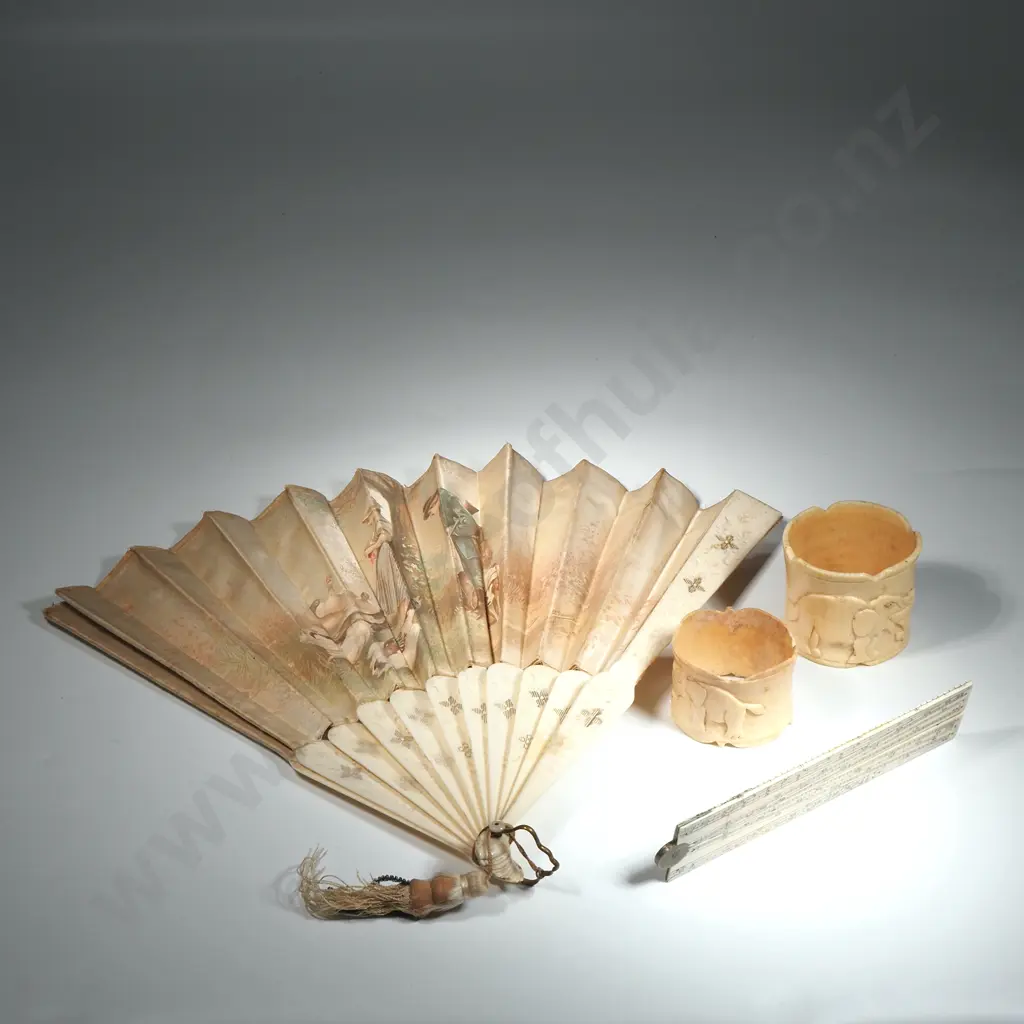 Two Antique Elephant Ivory, Hand Carved, Serviette Rings. Ivory Slide Rule. Paper & Ivory or Bone Fan. Image 1++